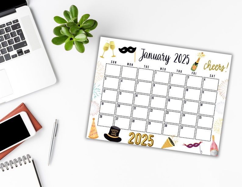 EDITABLE Printable January 2025 Calendar Gold Themed New Year's Day