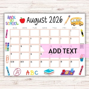EDITABLE Printable August Calendar 2026 | Back To School Calendar | Classroom Calendar | Cute August 2026 Calendar | Monthly Calendar image 1