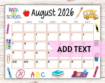 Calendario imprimible y editable de agosto de 2026 / Calendario de regreso a clases / Calendario escolar / Lindo calendario de agosto de 2026 / Calendario mensual