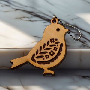 Boho Bird Colgante Llave Encanto SVG • Plantilla Cricut Glowforge • Archivo de uso comercial cortado con láser de cuero de madera • Joyería de regalos DIY