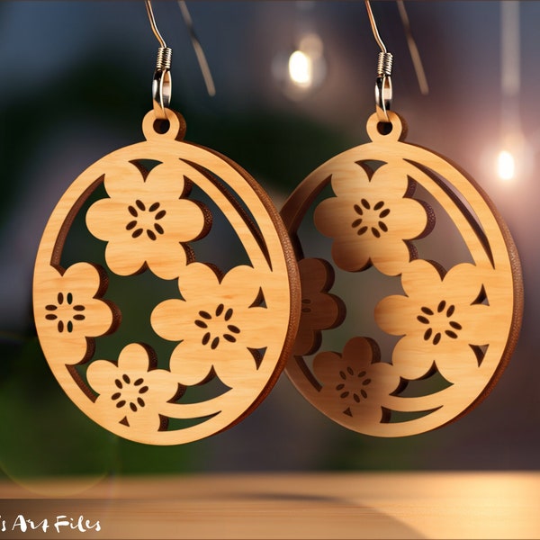 Cherry Blossoms Earrings SVG • Glowforge Cricut Template Design • Wood Leather Laser Cut File • Commercial Use File • DIY Jewelry Gifts