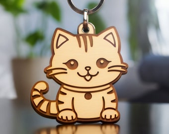 Cute Cat Key Charm SVG  • Glowforge Cricut Template • Wood Leather Laser Cut File • Commercial Use File • DIY Gifts, Jewelry, Keychain