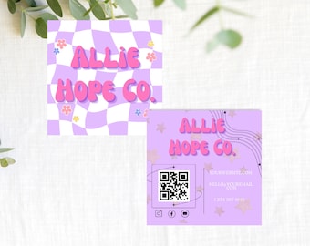 Retro Y2K Square Business Card, QR Code Business Card, Pink and Purple Square Business Card, Editable Business Card, Boutique Business Card