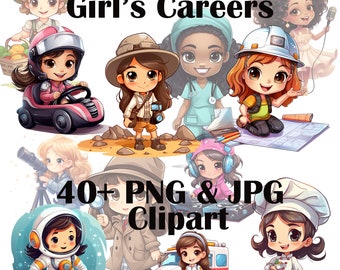 Girl's Career Clipart Bundle, 40+ Cartoon Style Jobs for Kids, JPG and PNG Transparent Background, Career Day Teaching Project Ideas