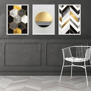 Black and Metallic Gold Abstract Art, Gallery Wall Printable Art Set of 3, Geometric Modern Digital Download Art
