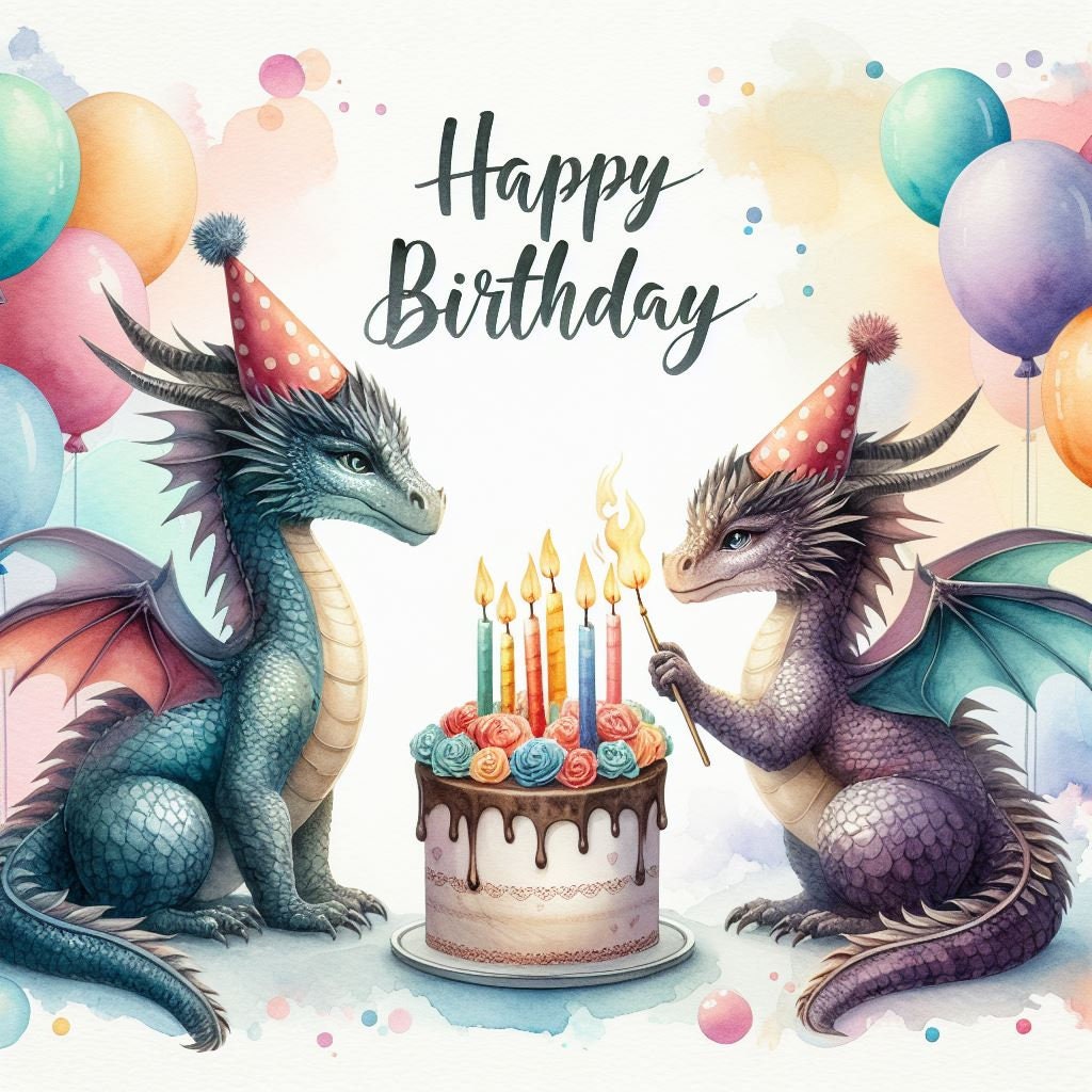 Dragon Happy Birthday Watercolor Image Files - Etsy