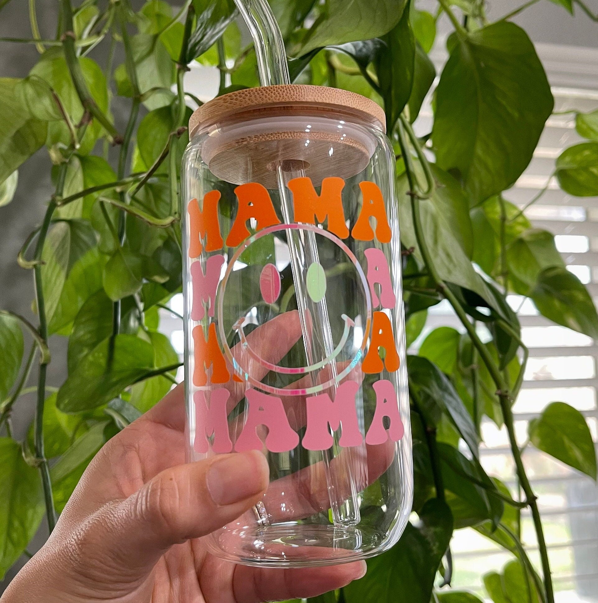 Mama Glass Cup Design, Bamboo Lid and Glass Straw, Regalo Para Mama ...