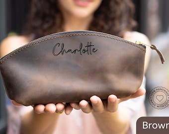 Personalized Leather Makeup Bag, Engraved Cosmetic Bag, Bridesmaid Gift
