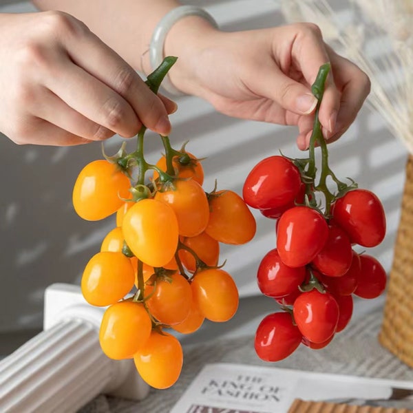 Artificial Tomatoes Red/ Yellow Faux Cherry Tomatoes Fake fruit 16 Head Bunch of Artificial Cherry Tomatoes Restaurant Kitchen Home Decor