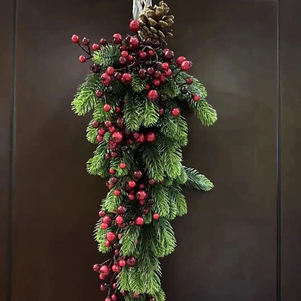 Christmas Swag Wreath for Front Door and Wall 23.6inches Tall with Fake Pine Branch with Red Berry Decor Holiday Home Decor Swag Wreath