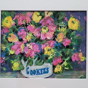 Titolo "Cookies & Flowers you rock my world" dipinto acrilico originale su carta per acquerello con passepartout 11x14