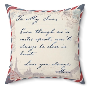 Almohada con postal para mi hijo: un sincero mensaje de una madre a un hijo que está lejos. Regalo perfecto para cumpleaños, días festivos o simplemente porque sí