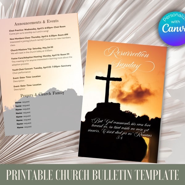 Printable Church Service Bulletin - Edit Canva Template, Bi-Fold 11x8.5, Sunday Worship bulletin, printable order of service program