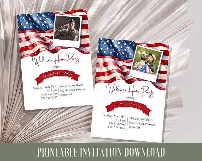 Featured listing image: Celebrate Their Return with a Welcome Home Party Printable Invitation - Canva Template with American Flag and photo drop military homecoming