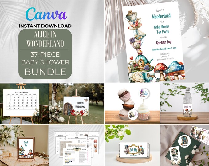 Featured listing image: Alice in Wonderland 37 piece Baby Shower Bundle, Canva template DIY baby shower instant download set, customizable baby shower invitation