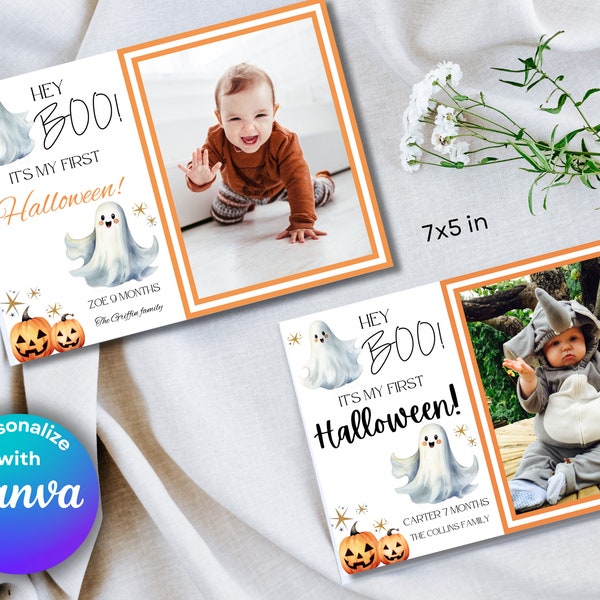 Hey Boo my first Halloween Picture Greeting Card, happy Halloween card, printable greeting card, Halloween photo card, baby first Halloween