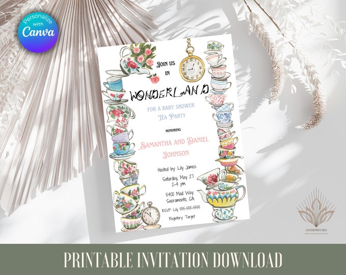 Featured listing image: Alice in wonderland Whimsical Tea Party Baby Shower Invitation Instant Download Template,Tea Party baby shower printable invitation template