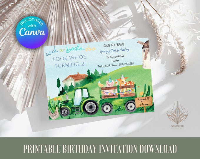 Featured listing image: Farm Birthday Party Invitation for boys,tractor birthday invitation, cute farm animal birthday party, farm second birthday invitation