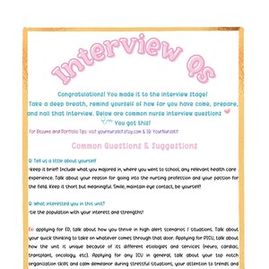 May include: A pink and blue printable guide with the text "Interview Qs" in a pink and blue bubble font. The guide provides tips for answering common nurse interview questions, including "Tell us a little about yourself" and "What interested you in this unit?"