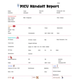 May include: A printable PICU Handoff Report form with sections for patient information, vital signs, and medical history. The form includes icons for respiratory, cardiovascular, and neurological systems.