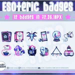 Peut inclure: Une impression d'art numérique présentant 12 badges ésotériques avec des symboles mystiques, notamment des cartes de tarot, une tête de chèvre, un sablier et une boule de cristal. Le texte "ESOTERIC badges" et "12 badges in 72.36.18PX" sont affichés en haut.