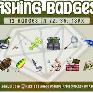 May include: Twelve colorful fishing badges in various sizes, including a fishing rod, a bucket with a fish, a lobster, a fishing vest, a net, a lure, a boat, a lure, a hook, a worm, a tackle box, and a hat. The badges are arranged in a diamond shape on a white background.