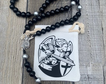 Black Bead St Michael Rosary | Saint Michael Defender Rosary | Monstrance Crucifix | Handmade Catholic Cord Rosary | Catholic Gift