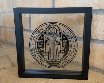 Saint Benedict Floating Frame: Catholic Home Decor (6.81" Square)