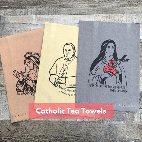 Hemstitch Edged Catholic Dish Towel | Catholic Tea Towel | Catholic Kitchen Decor | Catholic Housewarming Gift | Catholic Easter GIft