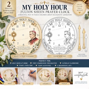 May include: A digital download set for a My Holy Hour Fulton Sheen prayer clock, featuring a colored version and a black-and-white version for coloring. Includes clock hands, text, a monstrance illustration, and a portrait of Fulton Sheen.