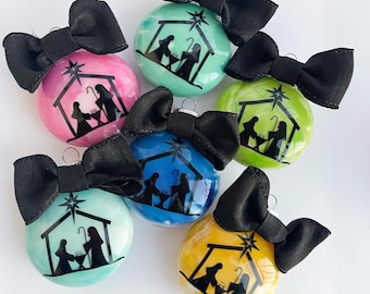 Colorful Nativity Glass Ornament: Catholic Christmas Tree Decoration
