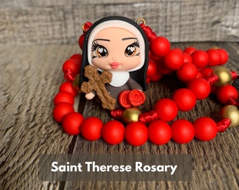 Personalized St Therese Rosary: Red Acrylic Beads, Catholic Gift