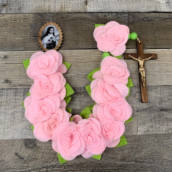 Pink Floral Wall Rosary | Saint Therese Pink Rose Wall Rosary | Catholic Table Top Rosary | Catholic Home Altar