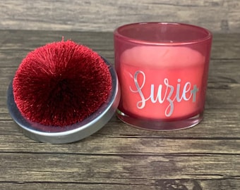 Personalized Catholic Candle with Pom Pom Lid: Religious Home Decor
