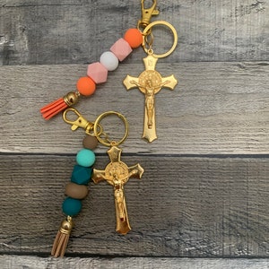 Colorful Catholic Keychain | St Benedict Crucifix Keychain | Catholic Tassel Keychain | Handmade Catholic Teen Gift | Catholic Easter Gift