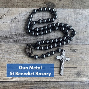 Gunmetal St Benedict Rosary | Saint Benedict Crucifix | Rugged Cord Rosary | Metal Rosary for Men | Handmade Catholic Men Gifts