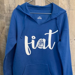 Blue Catholic Fiat Hoodie | Virgin Mary Sweatshirt: Catholic Apparel for Women