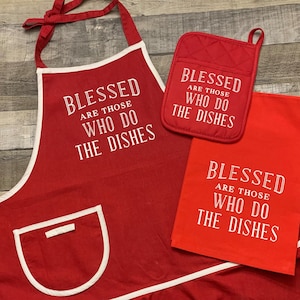 Red Catholic Kitchen Bundle: Apron, Tea Towel & Potholder