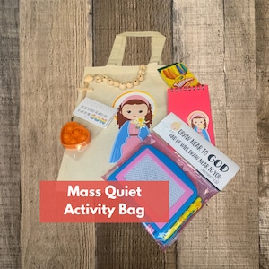 Sac Occupé Mass personnalisé | Sac de masse Quiet Activity pour enfants | Sac d'église personnalisé pour enfants | Sac Saint | Cadeau catholique pour enfant | Messe catholique