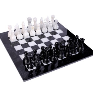 Handmade Marble Chess Set with Checker - Luxury Chess Board Game - Queen Gambit Chess Set Black Onyx & White - Available in 12x12 and 15x15"