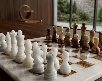 Marble Chess Set | Handmade Stone Board | Chess Pieces | White and Onyx Green Gift