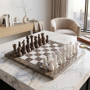 May include: A chess set featuring a square board with alternating white and brown marble squares. The set includes a full collection of carved stone chess pieces, with one side in solid white marble and the opposing side in dark brown marble.
