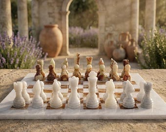 Marble Chess Set | Handmade Stone Board | Chess Pieces | White and Onyx Green Gift