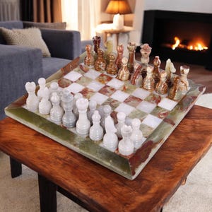 Handmade Marble Chess Set: Green & White Stone Board, 12x12