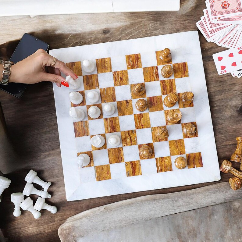 Marble Chess Board 15 Inches White & Brown Marble Chess Set Luxury