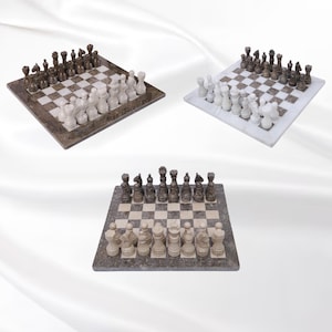 Classic Stone Chess Set | Oceanic Grey & White | Premium Handmade Display | Marble Antique Board | Unique Gift for Him | Modern Chess Decor