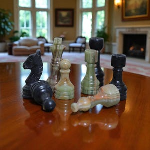 Handmade Marble Chess Pieces: Weighted Onyx Green & Black Figures