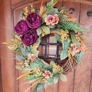 wreath fall orange purple wreath orange dahlia wreath autumn eucalyptus wreath october wreath purple fall decor peony door wreath fall