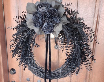 Cottage Halloween Wreath, Black Wreath, Gothic Home Decor, Pretty Halloween Wreath