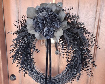 Mourning Wreath, Funeral Wreath, Black Door Wreath, Grieving Gift